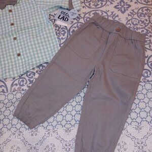Little Lad 3 PC Roll Long Sleeve Plaid Shirt & Gray Pants/Bowtie Set 18M